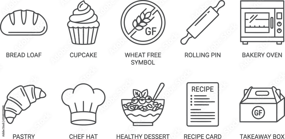 Fototapeta premium Bakery icons: bread, cupcake, wheat free symbol, rolling pin, oven