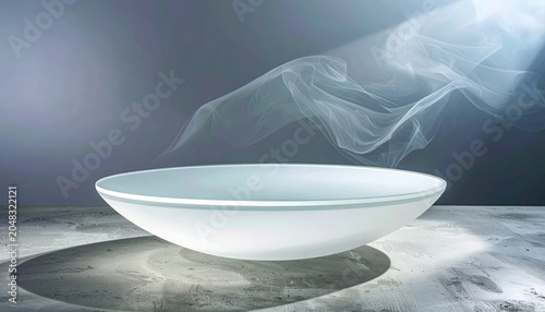 Empty steaming bowl with smoke rising on a textured surface