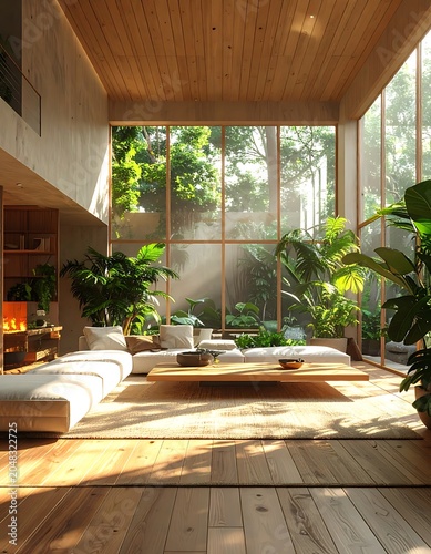 A serene modern living room with floor-to-ceiling windows and lush greenery