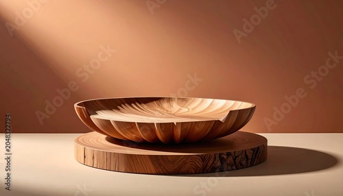 Elegant Wooden Bowl Display on Wooden Platform with Soft Lighting