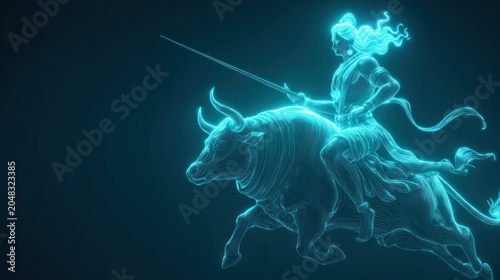 Neon illustration of a rider on a bull with lance against a dark backdrop