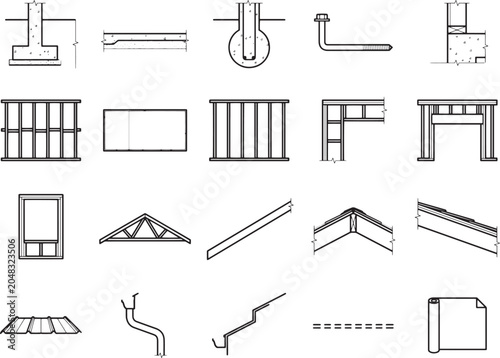 Architectural construction blueprint technical drawing schematic symbols detailing building components like foundation, window, roof truss, and staircase.