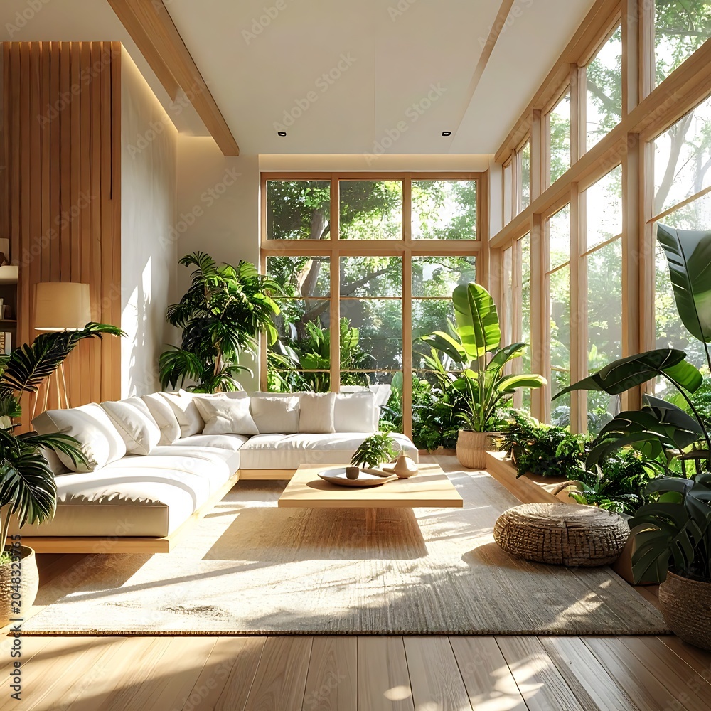 Fototapeta premium A serene living room with plenty of natural light and lush greenery (2)