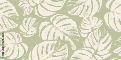 Monstera leaf pattern pale green and cream colored vector illustration