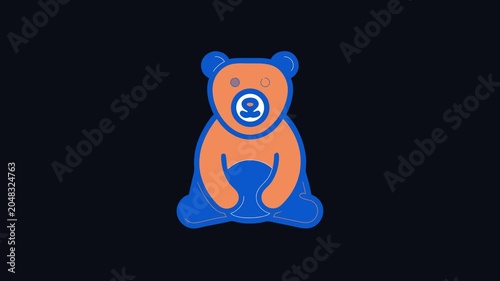 Cute cartoon bear sitting, orange and blue outline illustration