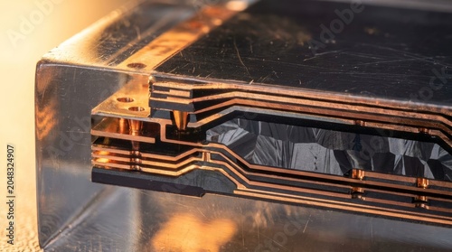Extreme close-up of copper layers and vias in advanced semiconductor packaging