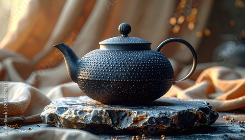 Elegant blue teapot with gold accents on decorative stone surface