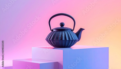 Black Teapot on Pink and Blue Gradient Background