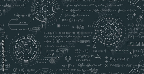 Mathematical formulas for seamless gear mechanisms on a blackboard.