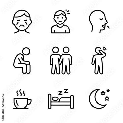 Tired people icon set showing fatigue, burnout, low energy, workplace stress, and drained battery concepts. Minimal thin-line vector style,
 isolated on white background.