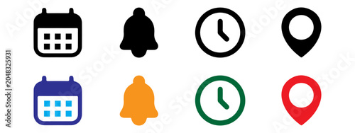 Clock, bell and calendar icon vector illustration. Editable stroke. Symbols for Time, Date, Address, Notification. Universal web icon set