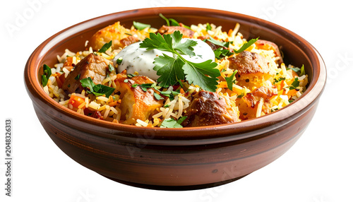 A close-up shot of a flavorful rice dish in a rustic brown bowl, garnished with herbs and a dollop of sauce
