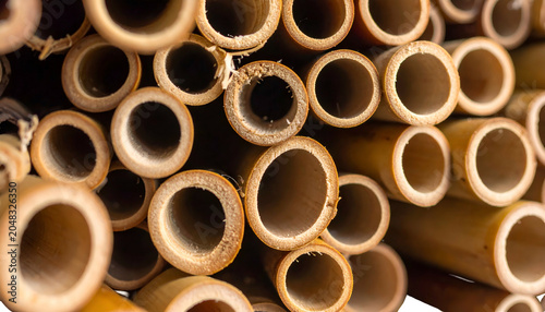 Close-up of cut bamboo stalks, showcasing circular openings and natural textures, creating a pattern of organic shapes and warm tones