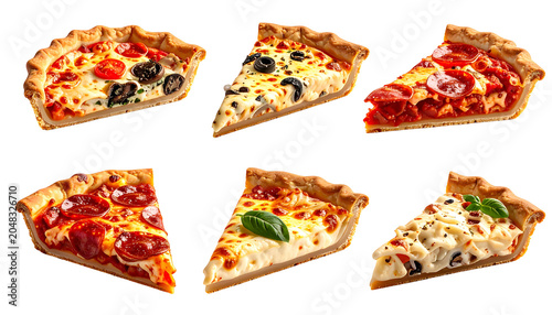 Six pizza slices with varying toppings on a dark background. Each slice is presented individually, showcasing crust and ingredients