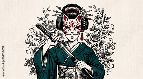 Geisha with Kitsune Mask Holding Katana Sword Surrounded by Roses.