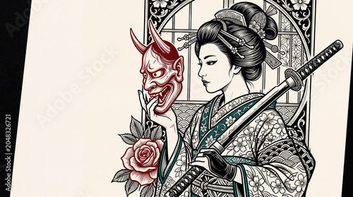 Geisha holding a demon mask and katana sword.