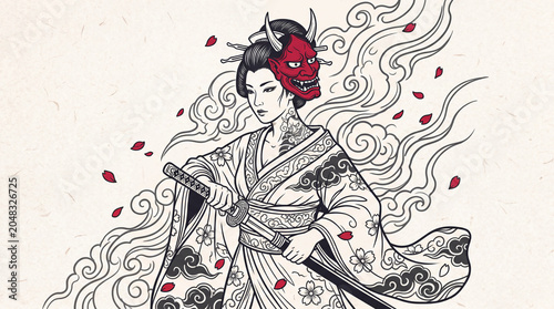Japanese Geisha Warrior Holding Katana Sword with Oni Mask.