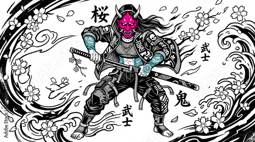 Samurai warrior with demon mask and katana sword in traditional Japanese style.