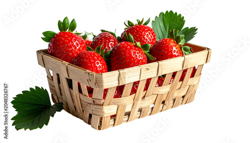 A close-up shows a woven basket filled with ripe, juicy strawberries and their green leaves, set against a dark background