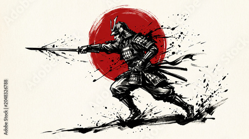 Warrior Samurai Warrior In Traditional Armor With Spear.