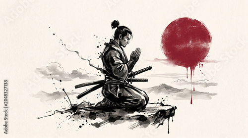 Samurai warrior kneeling in prayer with swords and red sun.