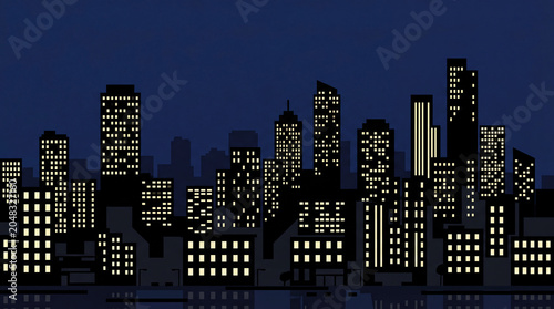Nighttime Cityscape with Illuminated Skyscrapers and Dark Sky.