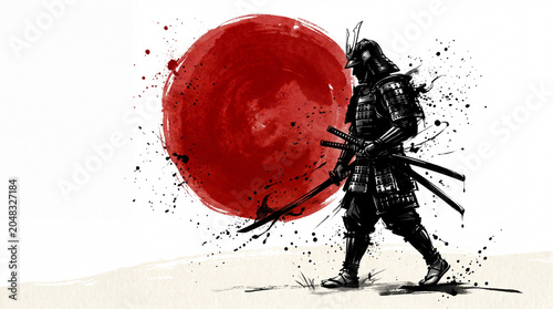 Samurai Warrior Standing Near Japanese Sun Symbol.