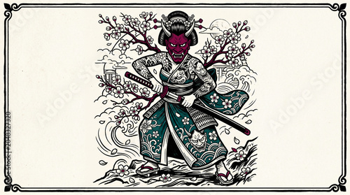 Samurai warrior with mask and sword in traditional Japanese style.
