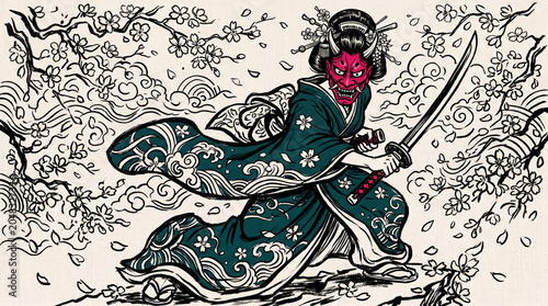 Japanese warrior woman in traditional kimono holding a sword.