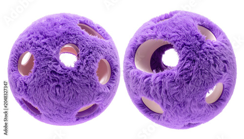 Two fluffy, purple spherical objects with circular openings and a smooth, light-colored interior, set against a dark background