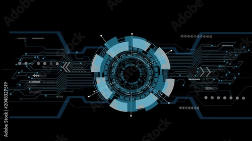 Abstract futuristic display HUD animation featuring a rotating digital circular interface with binary code and circuit board elements.