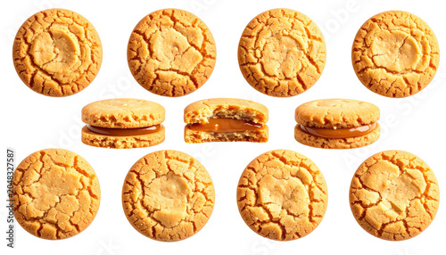 Close-up studio shot of assorted cookies, some whole, others with caramel filling, cracked textures visible