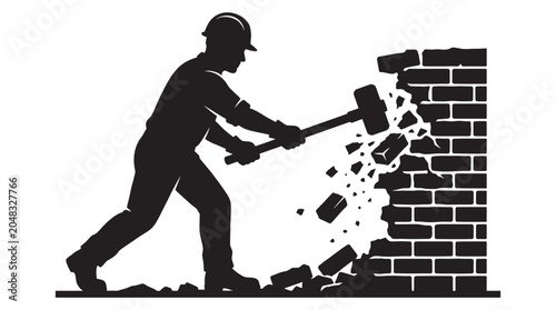 Foto Construction worker breaking brick wall with hammer black silhouette