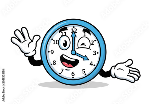 Cartoon Clock Character Waving Hello, Happy Time Concept