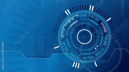 Abstract futuristic blue  display HUD animation featuring a rotating digital circular interface with binary code and circuit board elements.