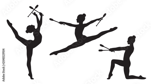 Schilderij op canvas Rhythmic Gymnasts Performing With Clubs Black Silhouette