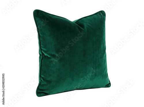 Emerald velvet cushion with piped edges against bright studio lighting for luxury decor concepts