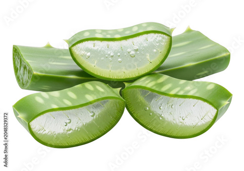 Fresh Aloe Vera slices with translucent gel inside against bright studio lighting for health and wellness concepts