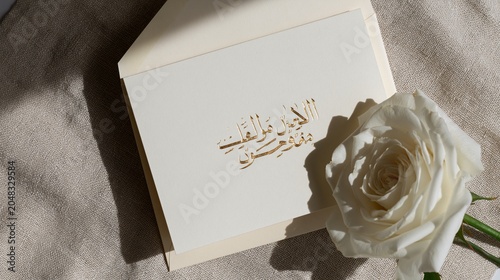 Minimalist Islamic wedding invitation card with rose and calligraphy on neutral fabric background