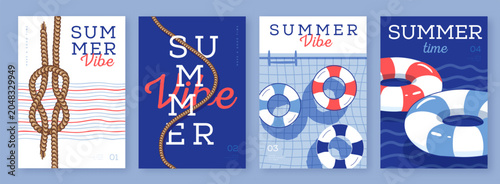 Canvas Print Set of summer striped sea vacation posters or covers with inflatable swim rings