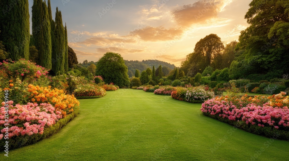 Obraz premium Tranquil Garden Landscape at Sunset with Colorful Flowers and Lush Green Lawn Surrounded by Tall Trees and Rolling Hills in a Serene Atmosphere