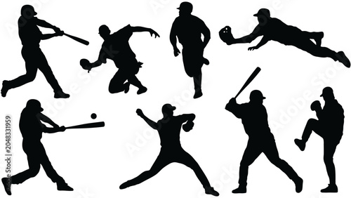 Baseball Player Silhouette Vector Set Batter Pitcher Catcher Diving Running Poses for Sports Design Illustration Collection
