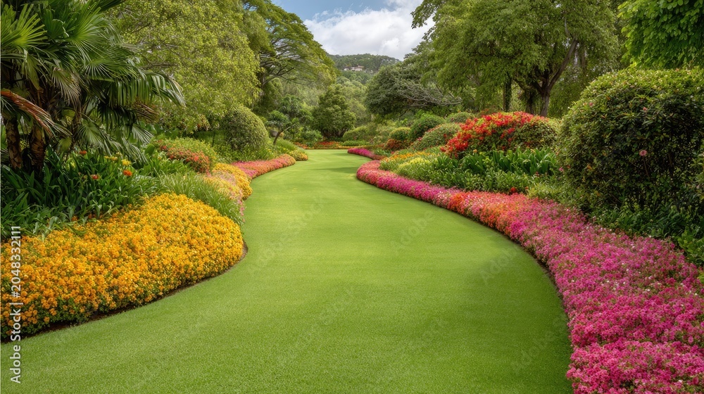 Obraz premium Lush Green Landscape with Colorful Flower Beds Under Bright Blue Sky in Tranquil Garden Setting for Nature and Outdoor Enthusiasts to Enjoy