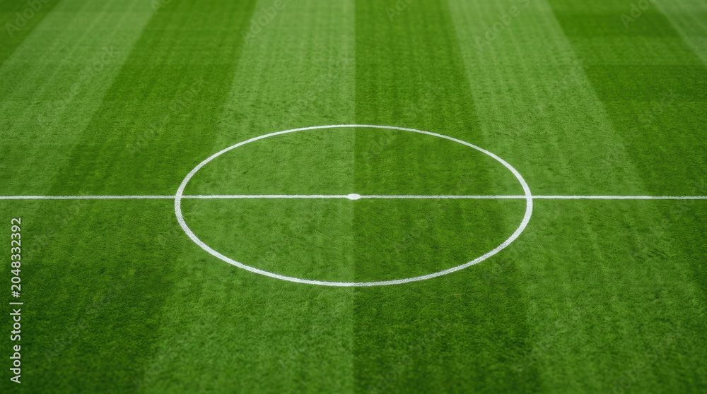 Obraz premium Football field center circle on bright green artificial turf soccer pitch