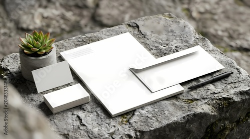 Stationery Mockup with Succulent on Rustic Stone Surface