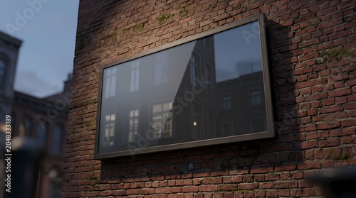 Blank billboard on brick wall with building reflection