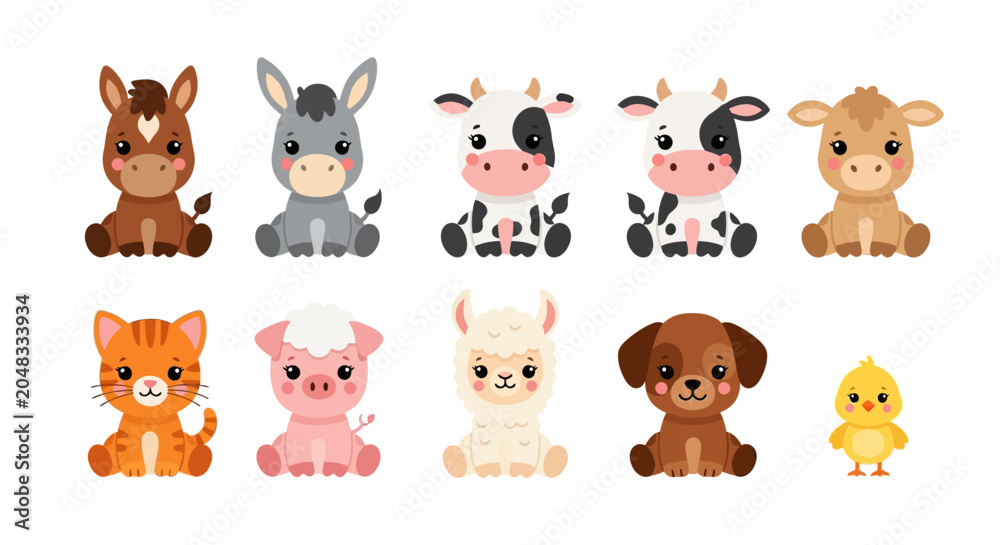 Obraz premium Cute Farm Animals Collection: Horse, Donkey, Cows, Calf, Cat, Pig, Llama, Dog, Chick