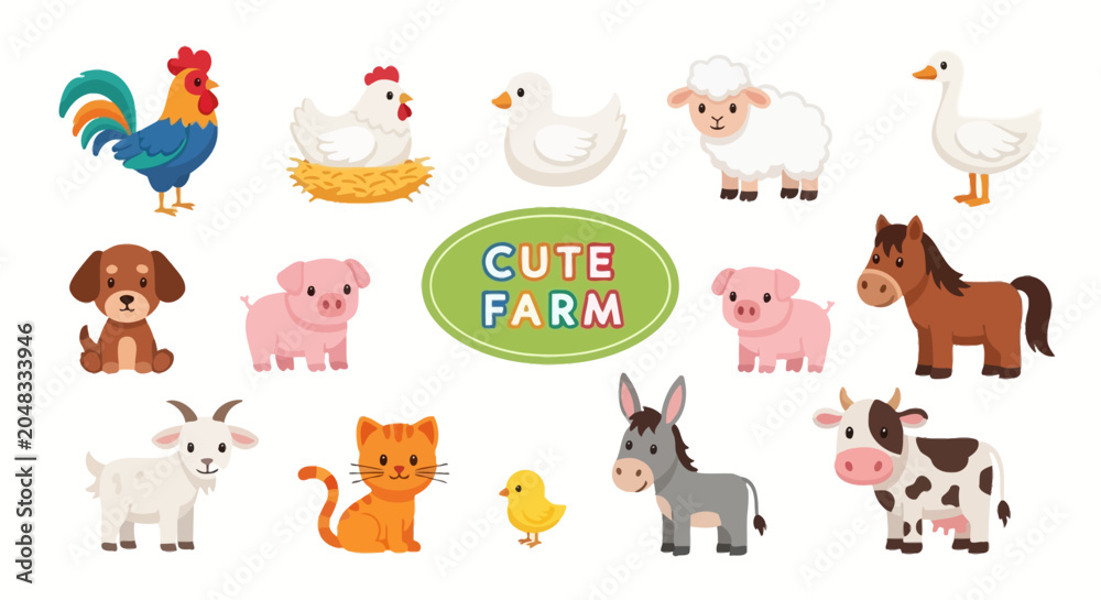 Obraz premium Cute Farm Animals Collection: Rooster, Chicken, Sheep, Duck, Horse, Cow, Piglet, Kitten, Puppy
