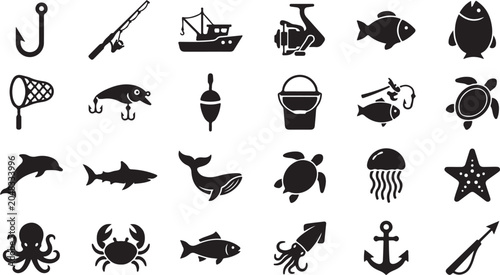 Black sea creatures, ocean animals, fishing icons, 25 vector graphics