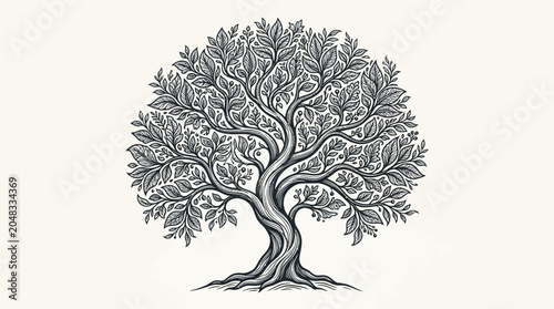 Photography A detailed drawing of a tree with sprawling roots and leafy branches